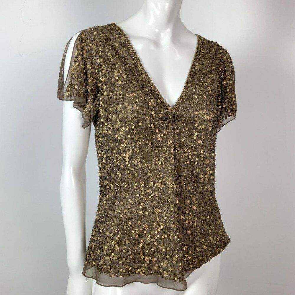 Adrianna Papell Gold Sequin V-Neck Short Sleeve Top